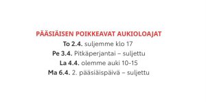 Pääsiäinen tuo mukanaan normaalista poikkeavat aukioloajat. Suljemme kiirastorstaina poikkeuksellisesti jo klo 17.00 ja...