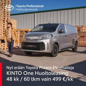 Täyssähköiseen Toyota Proace -mallistoon mahtuu paljon hyötyjä yrittäjälle. Nyt erään Toyota Proace EV -malleja edulline...
