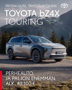 Perheauto. Ja paljon enemmän. Täysin uusi, täyssähköinen Toyota bZ4X Touring tarjoaa enemmän tilaa, hallintaa ja ajonaut...