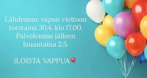 Vappu vaikuttaa aukioloaikoihimme siten, että torstaina 30.4. autotalomme sulkeutuvat jo klo 17.00. Palvelemme normaalis...