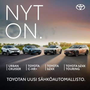 Nyt on: Toyotan uusi, upea sähköautomallisto täynnä tyyliä, tehoa ja tilaa. Nyt on myös: valikoituihin sähköautomalleihi...